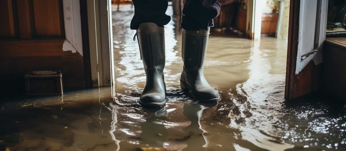 A man in rubber boots stands in a flooded house. ai generative