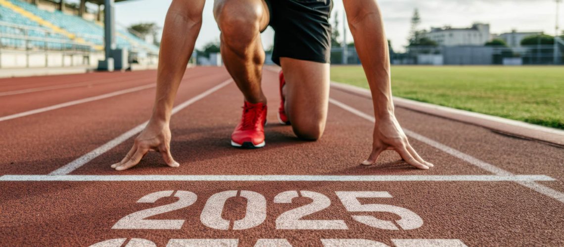 Athlete preparing to sprint at a track and field event in 2025 with a clear start line visible in the background during daylight hours